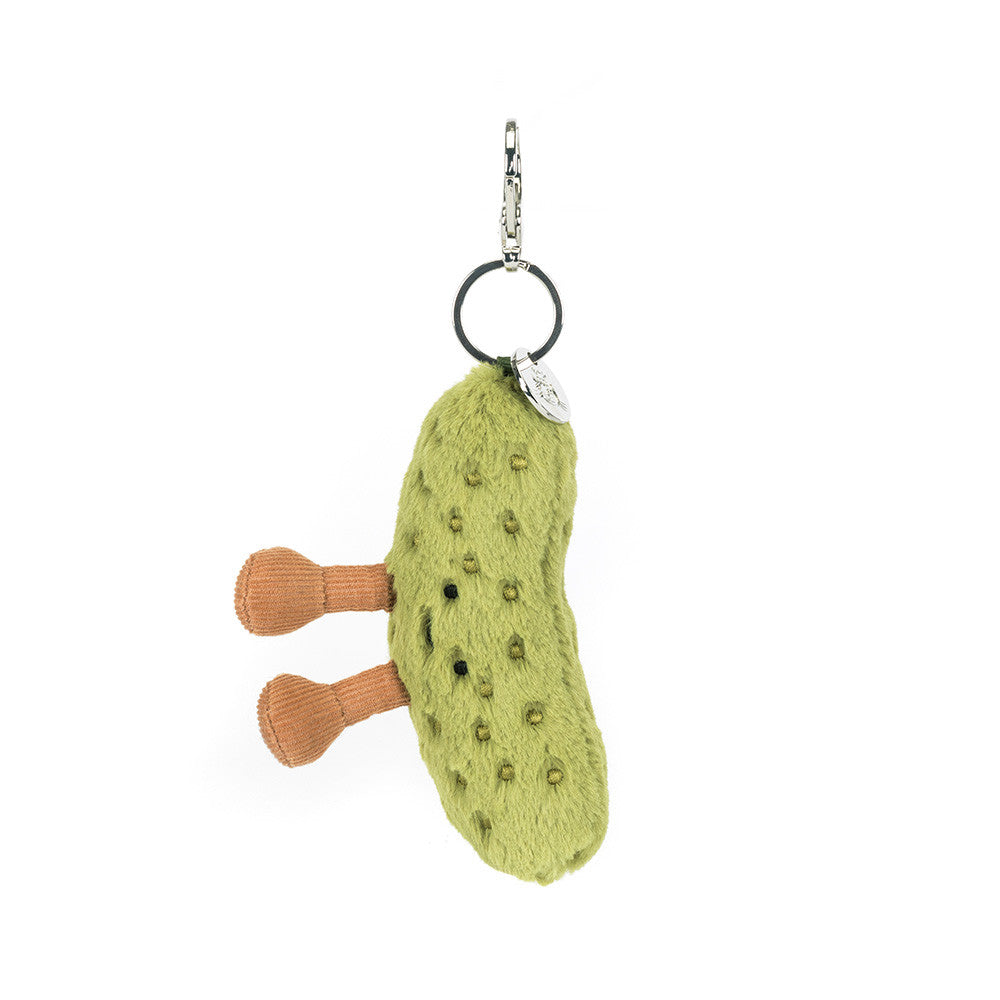 Jellycat Plush Amuseables Pickle Bag Charm Green textured keychain with a brown base on a white background