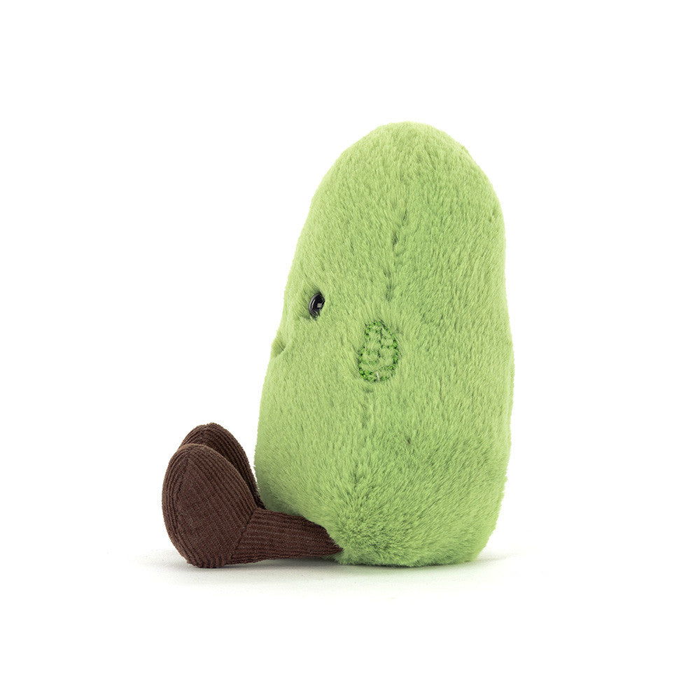 Side view of Jellycat Plush Amuseables Soyella Edamame Bean, with brown feet on white background
