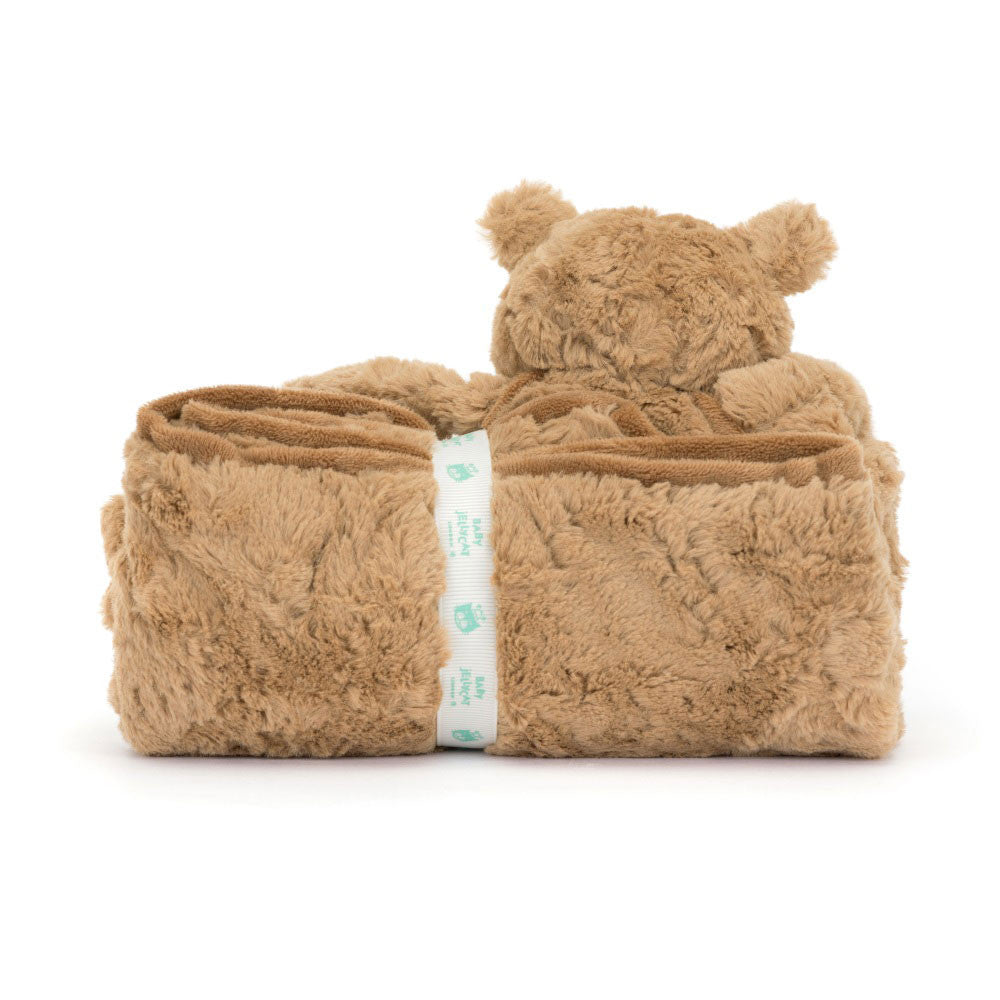 Back view of Jellycat Plush Bartholomew Bear Blankie Brown plush blanket with teddy bear-shaped pillow on a white background