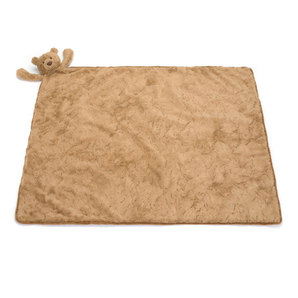 Jellycat Plush Bartholomew Bear Blankie Brown plush blanket with teddy bear toy on a white background