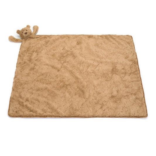 Jellycat Plush Bartholomew Bear Blankie Brown plush blanket with teddy bear toy on a white background