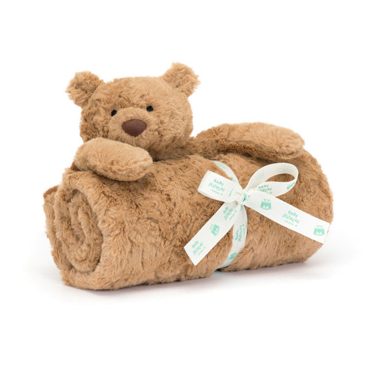 Jellycat Plush Bartholomew Bear Blankie Brown teddy bear wrapped in a blanket with a white ribbon on a white background