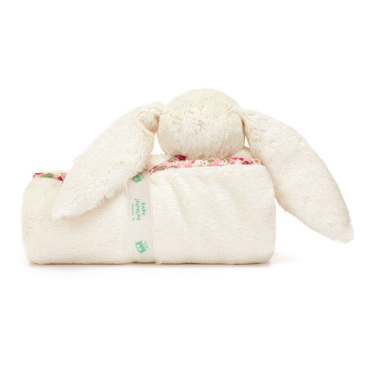 back view of Jellycat Plush Blossom Cream Bunny Berry Blankie Fluffy white bunny-shaped toy with long ears on a white background