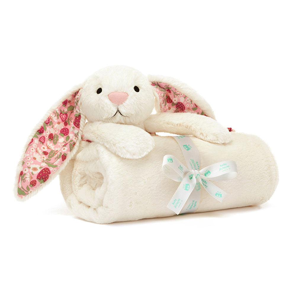 Jellycat Plush Blossom Cream Bunny Berry Blankie Floral plush bunny with a white blanket and bow on a white background