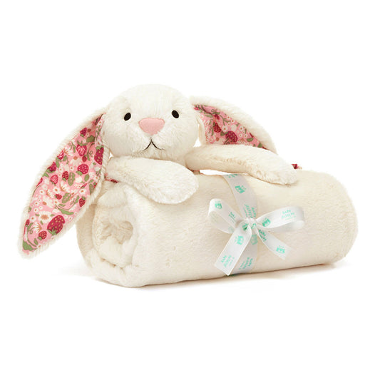 Jellycat Plush Blossom Cream Bunny Berry Blankie Floral plush bunny with a white blanket and bow on a white background