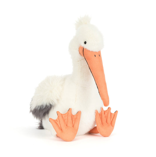 Jellycat Plush Keli Pelican toy with a white body, orange beak, and feet on a white background.