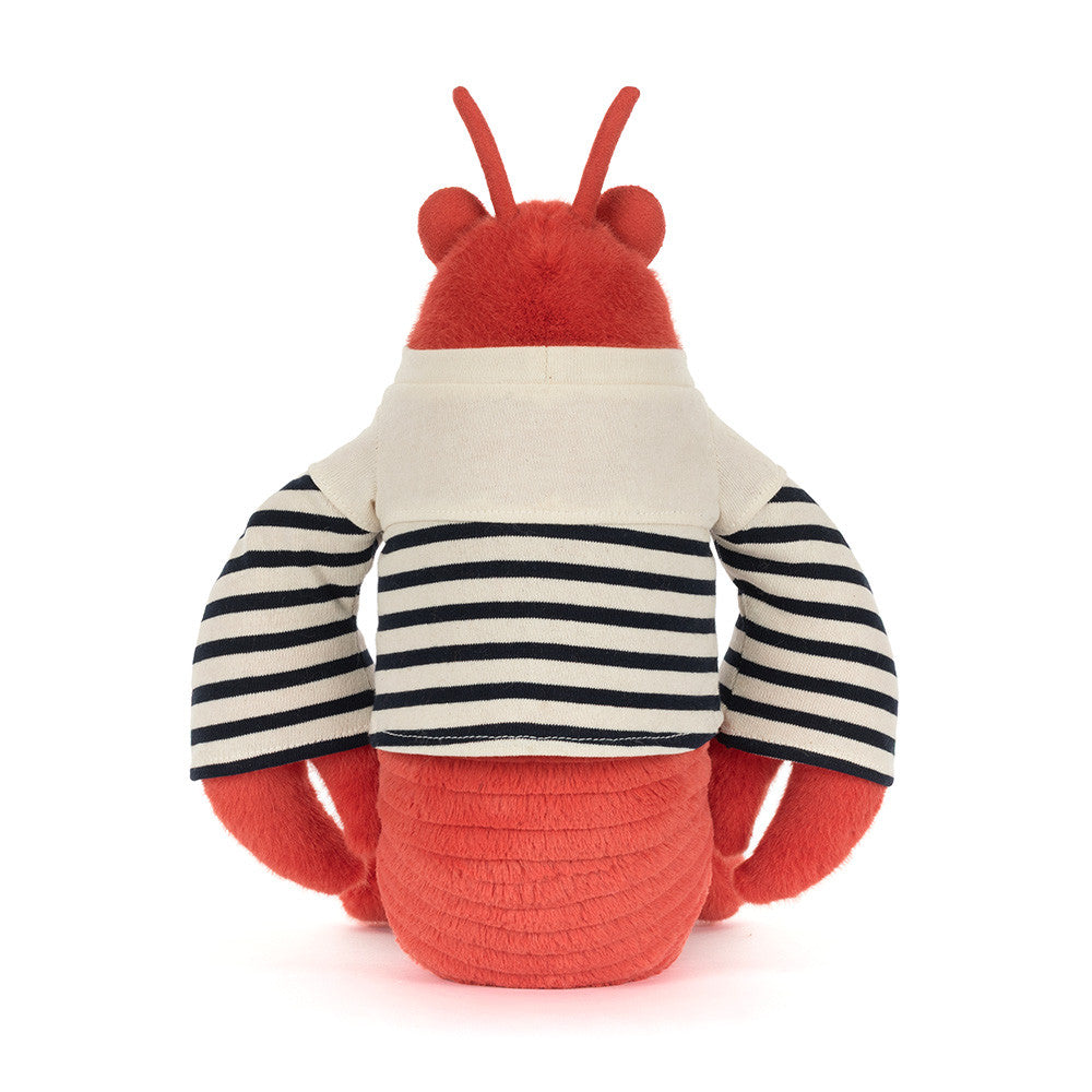 Back view of Jellycat Plush Larry Lobster in a Sailor Outfit Plush toy lobster with red body, white and black striped shirt on a white background