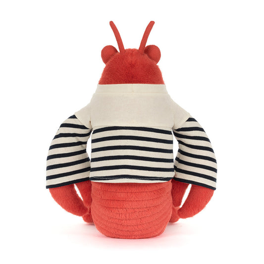 Back view of Jellycat Plush Larry Lobster in a Sailor Outfit Plush toy lobster with red body, white and black striped shirt on a white background