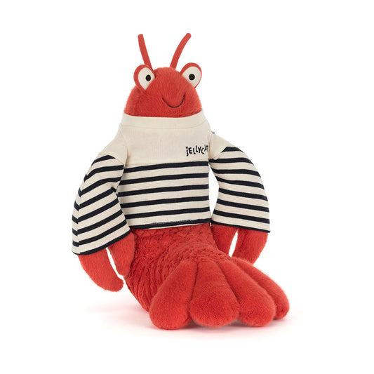 Jellycat Plush Larry Lobster in a Sailor Outfit - Plush toy lobster with a striped shirt on a white background