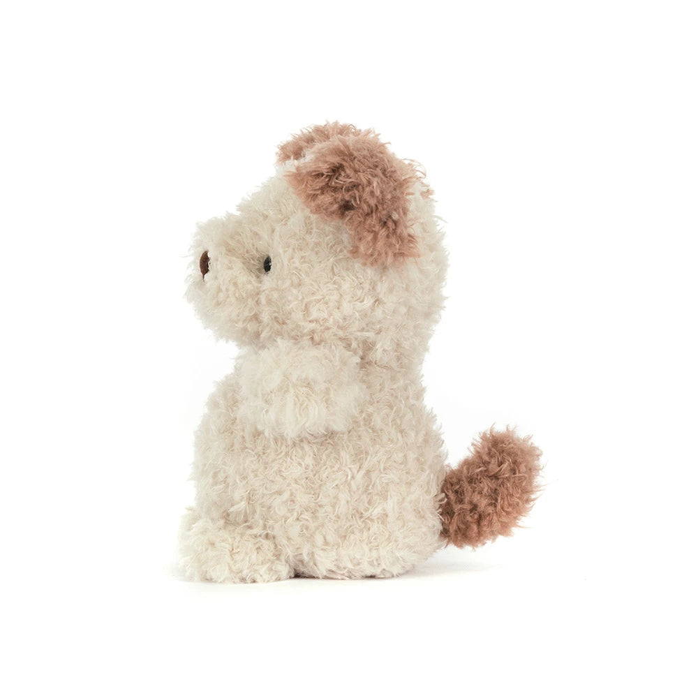 Side view of Jellycat Plush Little Pup Stuffed animal toy with a fluffy texture on a white background