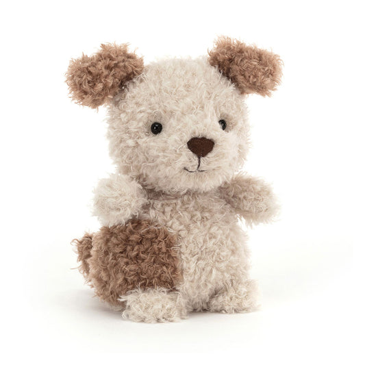 Jellycat Plush Little Pup Stuffed animal toy with brown and beige fur on a white background