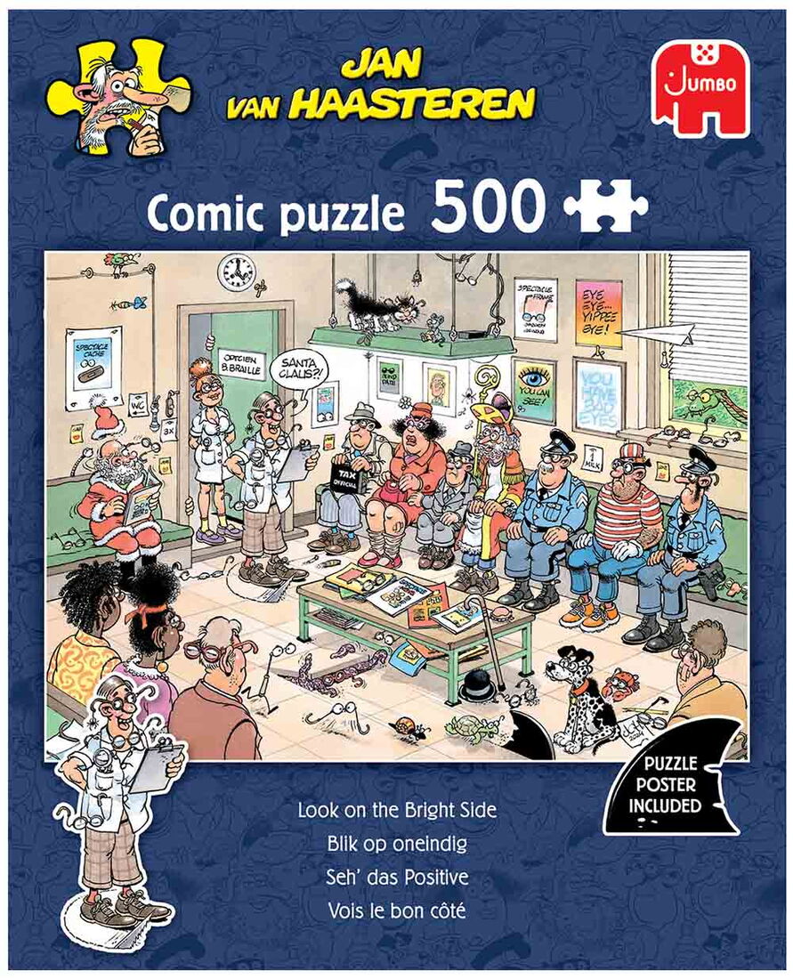 Jan van Haasteren Look On The Bright Side 500-piece jigsaw puzzle box – colourful chaotic optician waiting room scene, puzzle finished size approx 35×49 cm.