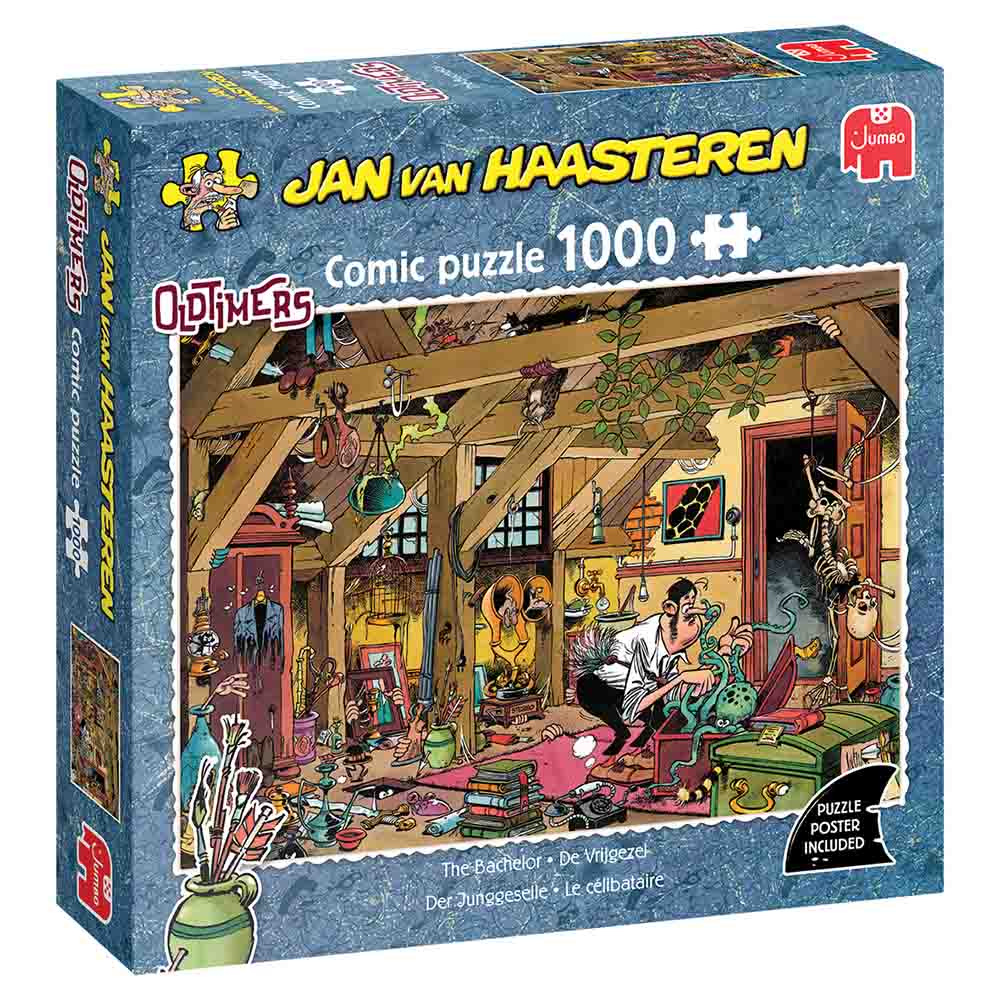 Jan van Haasteren The Bachelor 1000-piece jigsaw puzzle box – crowded humorous illustration from Old Timers series, finished size approx 68 × 49 cm