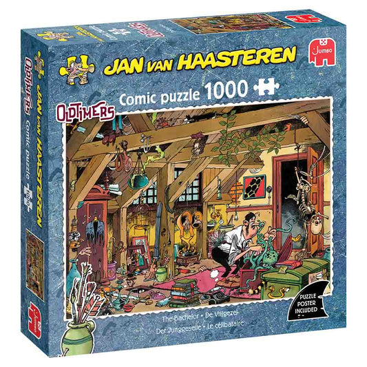 Jan van Haasteren The Bachelor 1000-piece jigsaw puzzle box – crowded humorous illustration from Old Timers series, finished size approx 68 × 49 cm