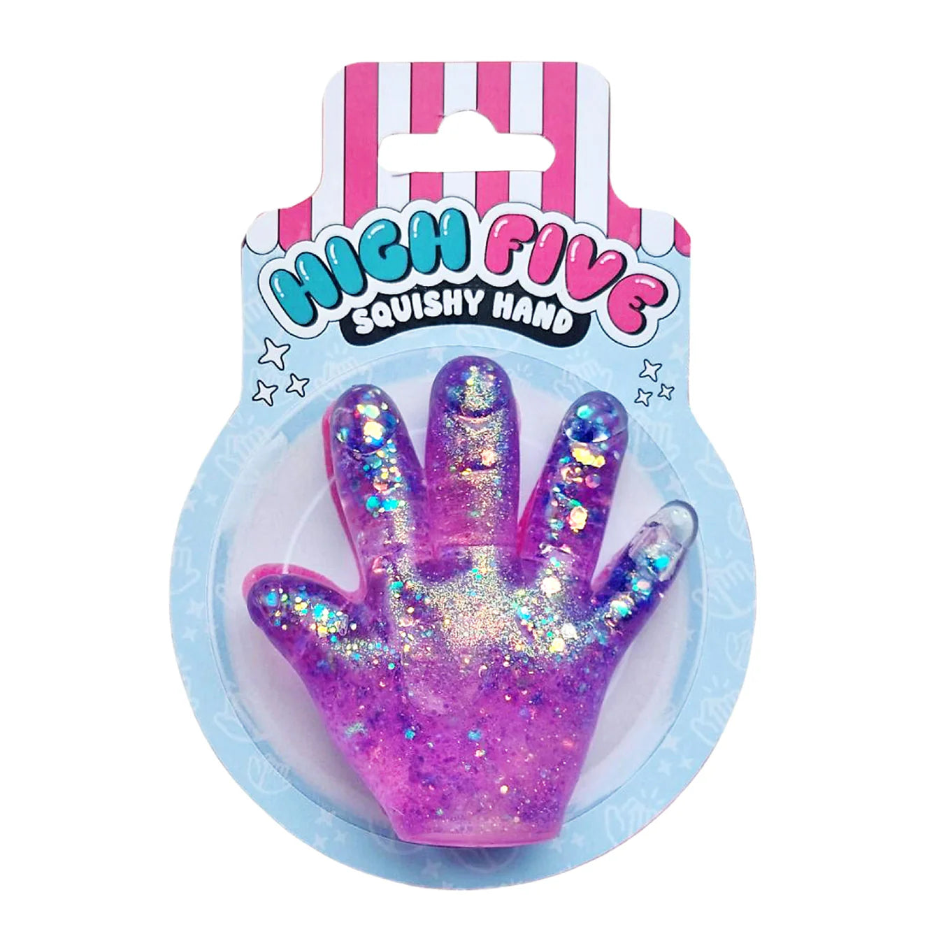 A pink and purple glittery high-five shaped squishy hand toy in its original blister packaging, featuring a pink and white striped header card with the text 'HIGH FIVE SQUISHY HAND'.