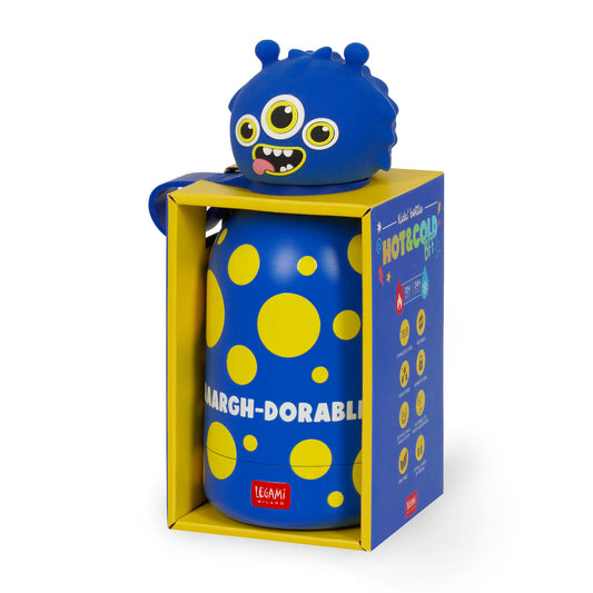 Blue Legami water bottle with yellow polka dots and a cartoon monster design in packaging on a white background