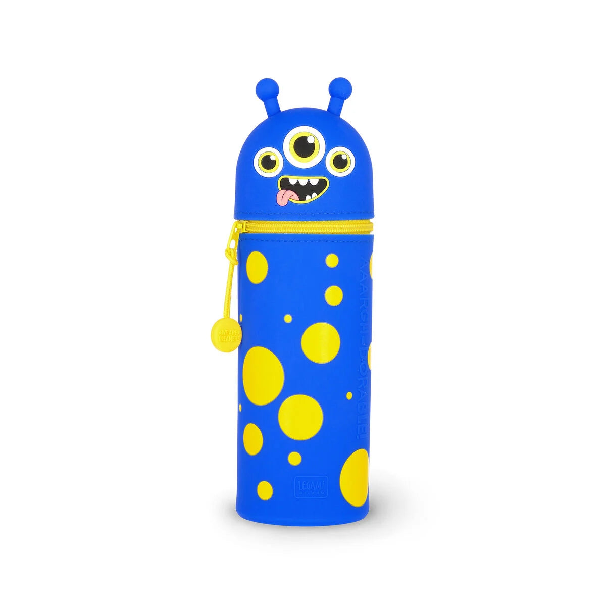 Legami Kawaii 2-in-1 Soft Silicone Pencil Case Monster design in bright colours – shown standing and zipped closed, available at Plato’s Wonder. Create. Discover.