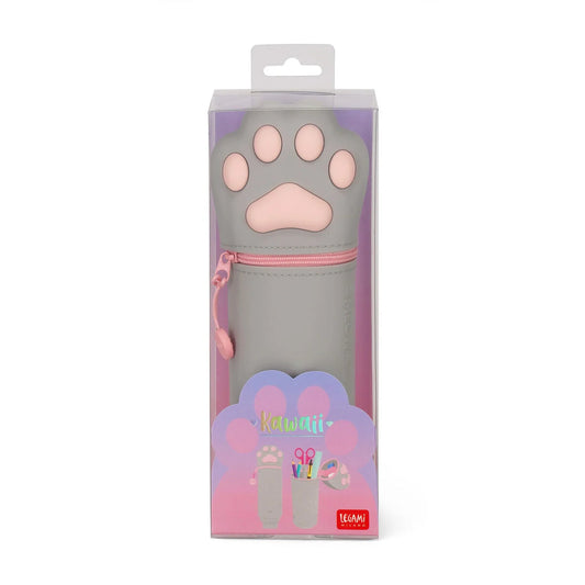 Gray Legami pouch with pink paw print design in packaging on a white background