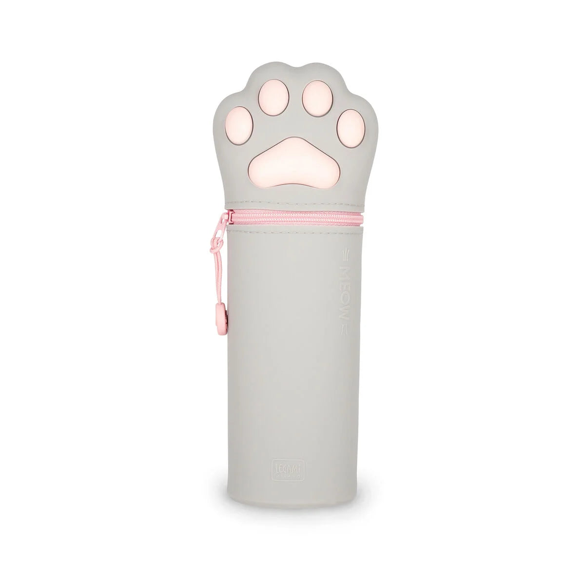 Legami Kawaii 2-in-1 Soft Silicone Pencil Case Kitty Paw in soft pink, standing and zipped closed – available at Plato’s Wonder. Create. Discover.