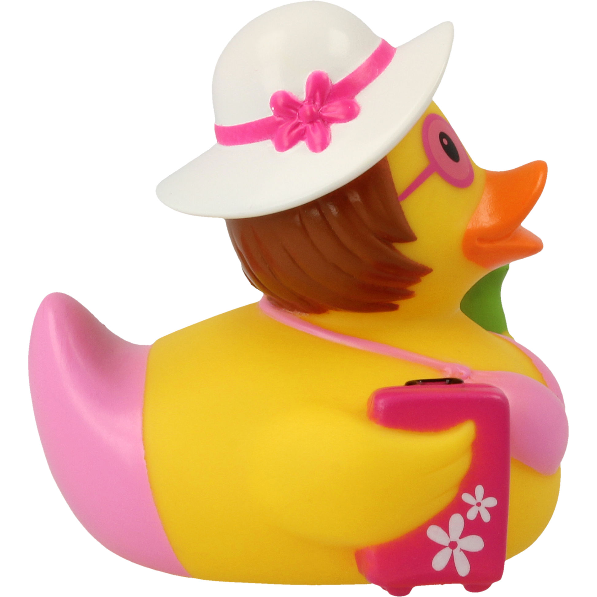 Side view of Lilalu Holiday Lady Rubber Duck wearing a white hat