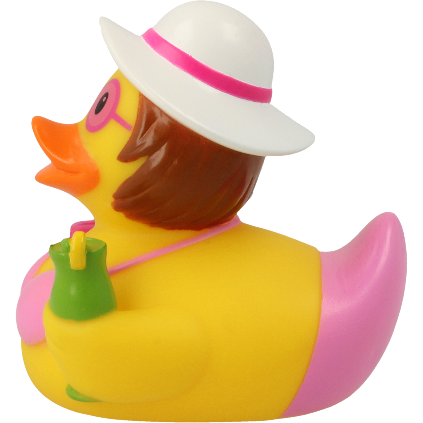 Side view of Lilalu Holiday Lady Rubber Duck wearing white hat, holding cocktail glass