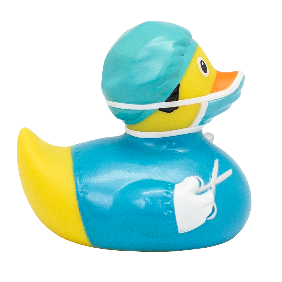 Side view of Lilalu Surgeon Rubber Duck with blue scrubs