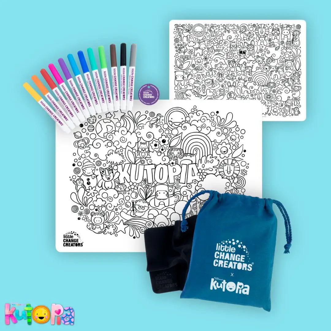 Coloring mat from Little Change Creators with markers, mat, and a drawstring bag on a blue background