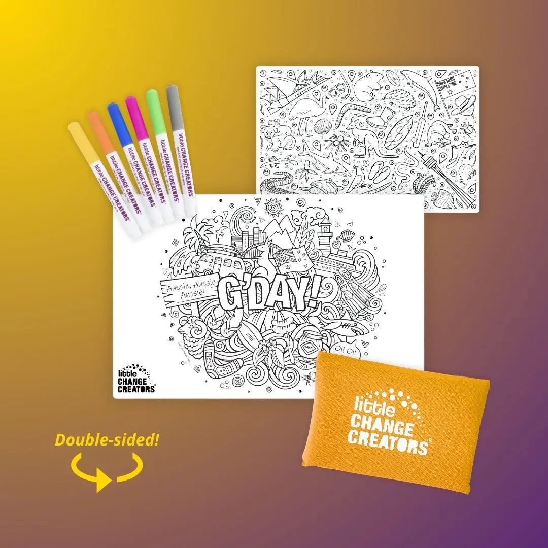 Little Change Creators Re-Fun-able Pocket Colouring Set G’Day – reusable Aussie-themed colouring kit with markers