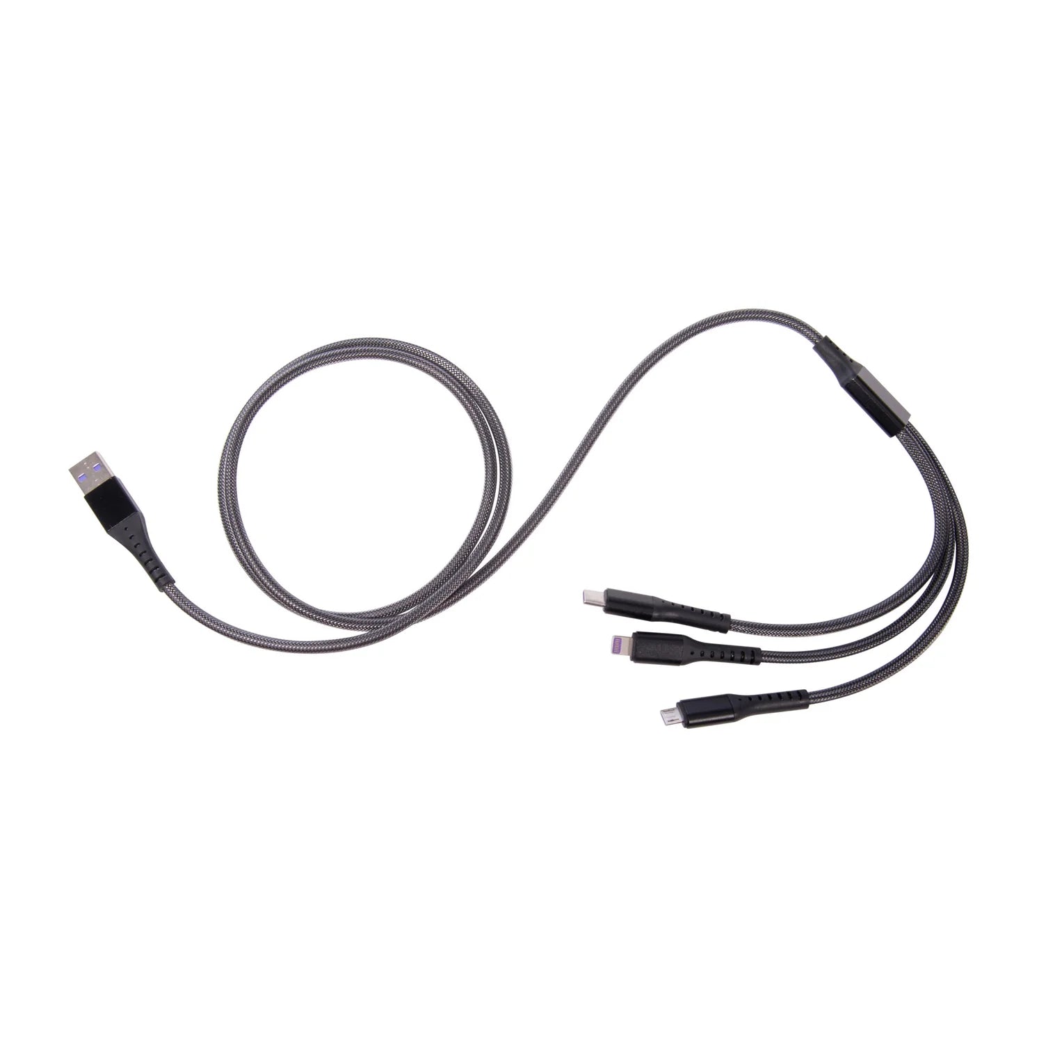 Multi-device charging cable with multiple connectors on a white background