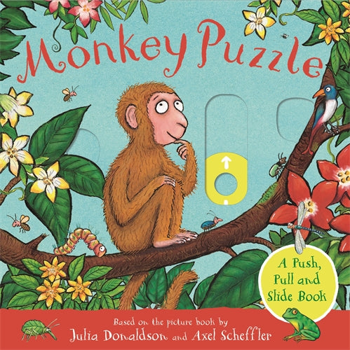 Book cover of 'Monkey Puzzle' with a monkey on a branch and colorful flowers.