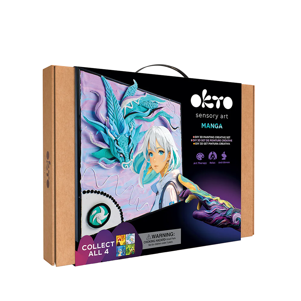 Okto sensory art packaging with manga Air design blue dragon on a white background