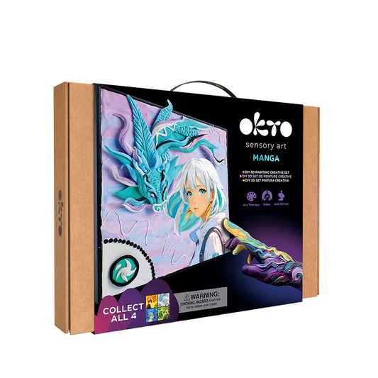 Okto sensory art packaging with manga Air design blue dragon on a white background