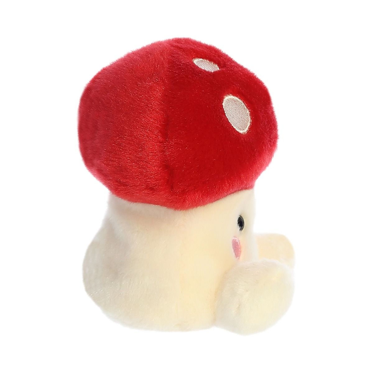 A cute mushroom-shaped plush toy with a red fuzzy cap, two white spots, and a soft cream-colored body with a small embroidered face, shown on a plain white background.