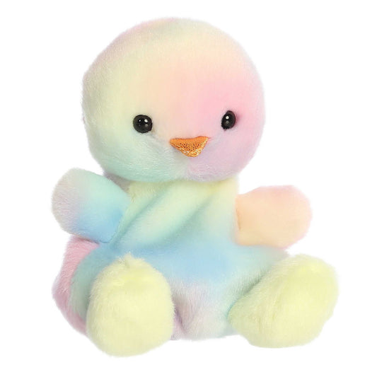 Palm Pals Aura Rainbow Chick mini plush sitting pose on white background