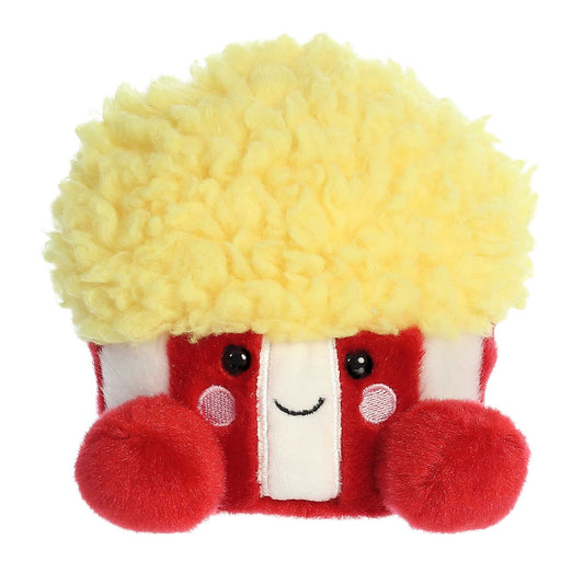 Palm Pals Butters Popcorn mini plush sitting on white background showing red & white bucket body