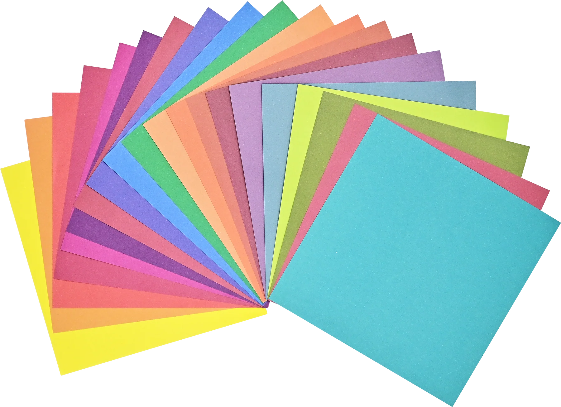 Assorted colorful paper sheets arranged in a fan-like pattern on a white background from Peter Pauper Press Origami Paper 20 Vivid Colours 500 Sheets