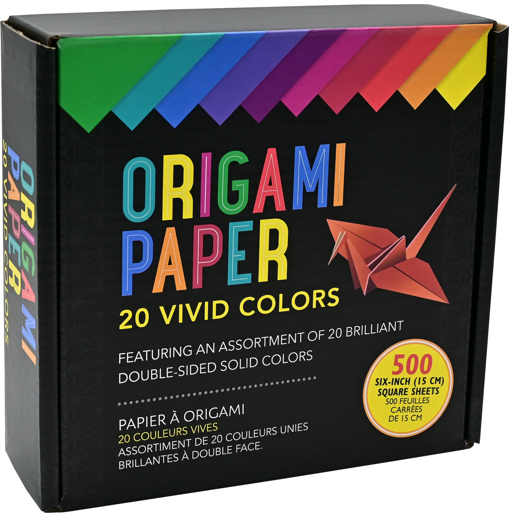 Box of Peter Pauper Press Origami Paper 20 Vivid Colours 500 Sheets origami paper with colorful text and a rainbow-colored lid.