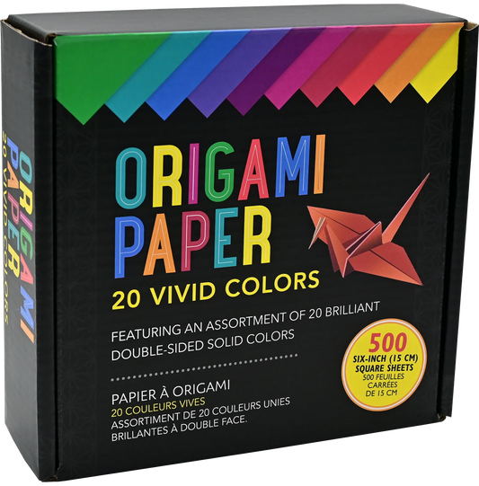 Box of Peter Pauper Press Origami Paper 20 Vivid Colours 500 Sheets origami paper with colorful text and a rainbow-colored lid.