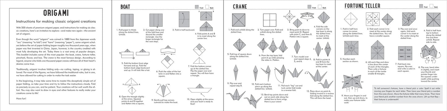 Sheet of origami instructions with diagrams and text on a white background from Peter Pauper Press Origami Paper Washi Patterns 500 Sheets