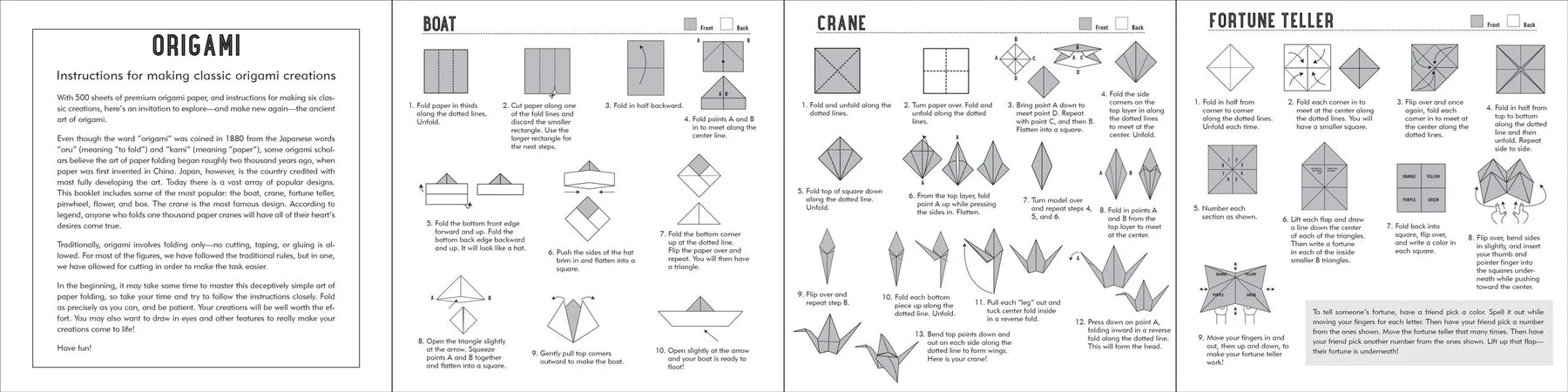 Sheet of origami instructions with diagrams and text on a white background from Peter Pauper Press Origami Paper Washi Patterns 500 Sheets