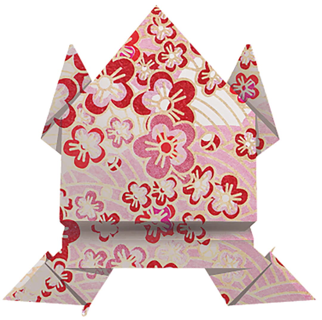 Origami frog with pink and red floral pattern on a white background from Peter Pauper Press Origami Paper Washi Patterns 500 Sheets
