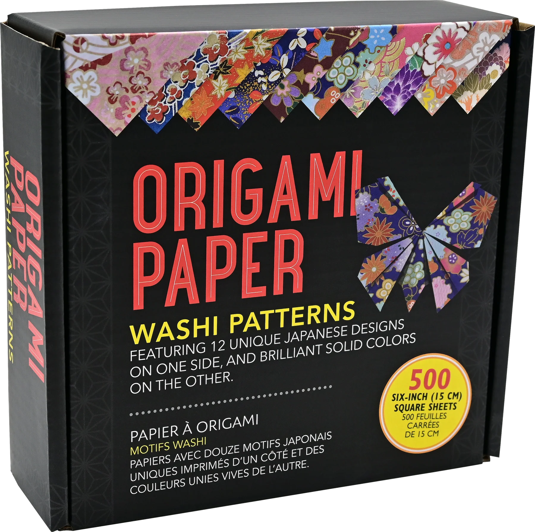Box of Peter Pauper Press Origami Paper Washi Patterns 500 Sheets origami paper with colorful washi patterns on a black background