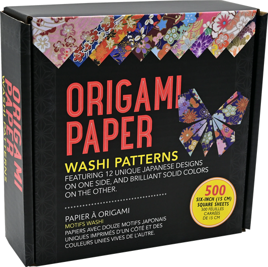 Box of Peter Pauper Press Origami Paper Washi Patterns 500 Sheets origami paper with colorful washi patterns on a black background