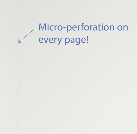 Text indicating 'Micro-perforation on every page!' with an arrow pointing to a corner of a white surface for Peter Pauper Press Premium Sketchbook Small