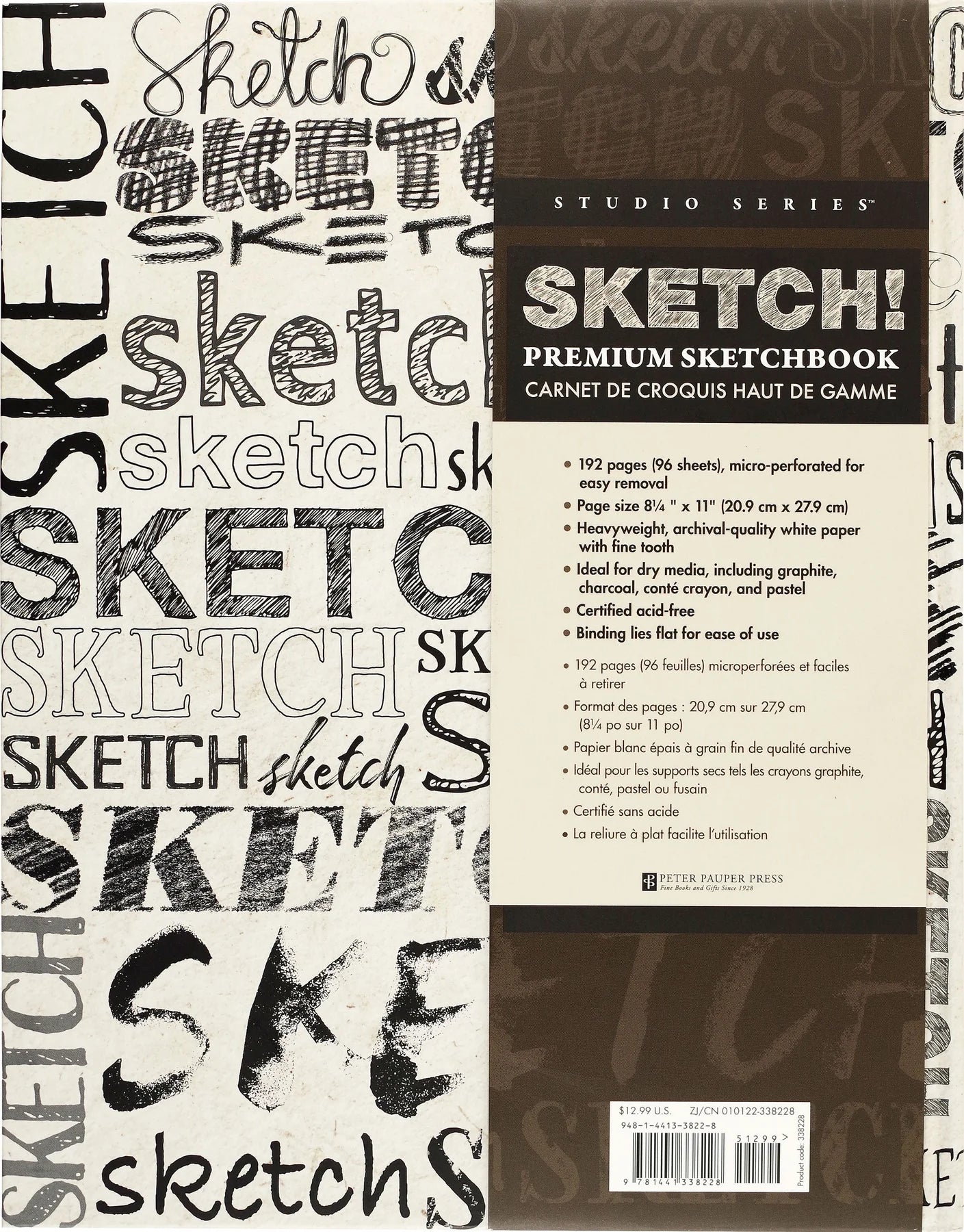 back view of Peter Pauper Press Sketch! Premium Sketchbook with 'Sketch!' text and branding on a white background