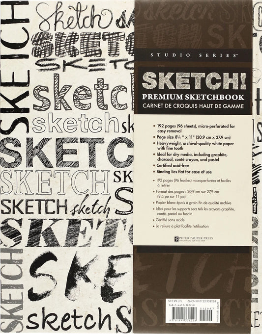 back view of Peter Pauper Press Sketch! Premium Sketchbook with 'Sketch!' text and branding on a white background