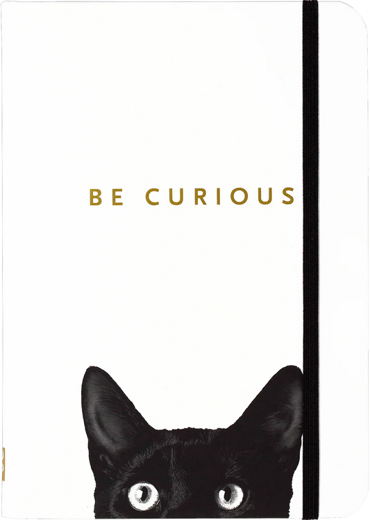 Peter Pauper Press Small Journal Curious Cat Notebook with a black cat illustration and 'Be Curious' text on a white background