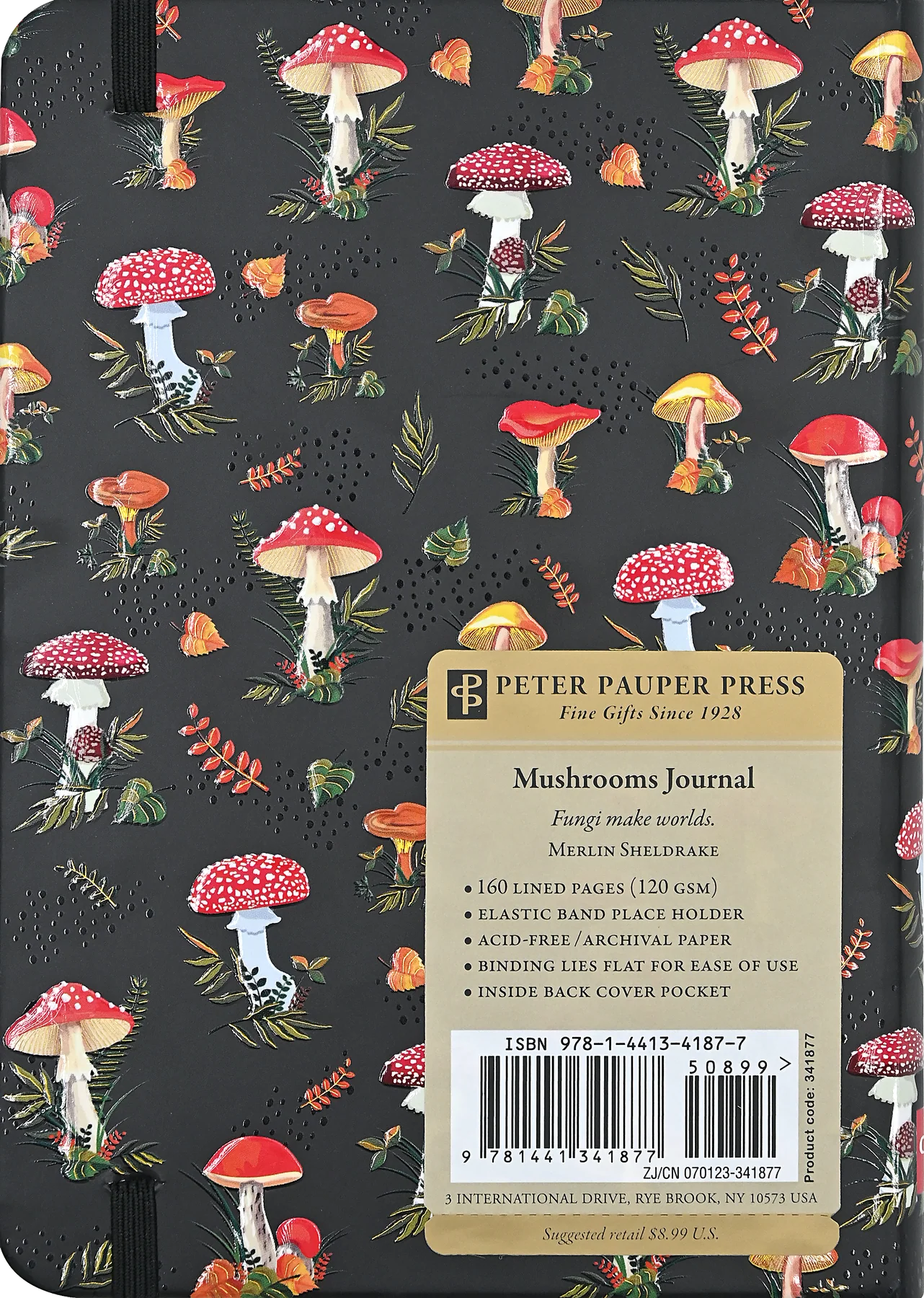 Mushroom-patterned notebook with back cover displaying product details.