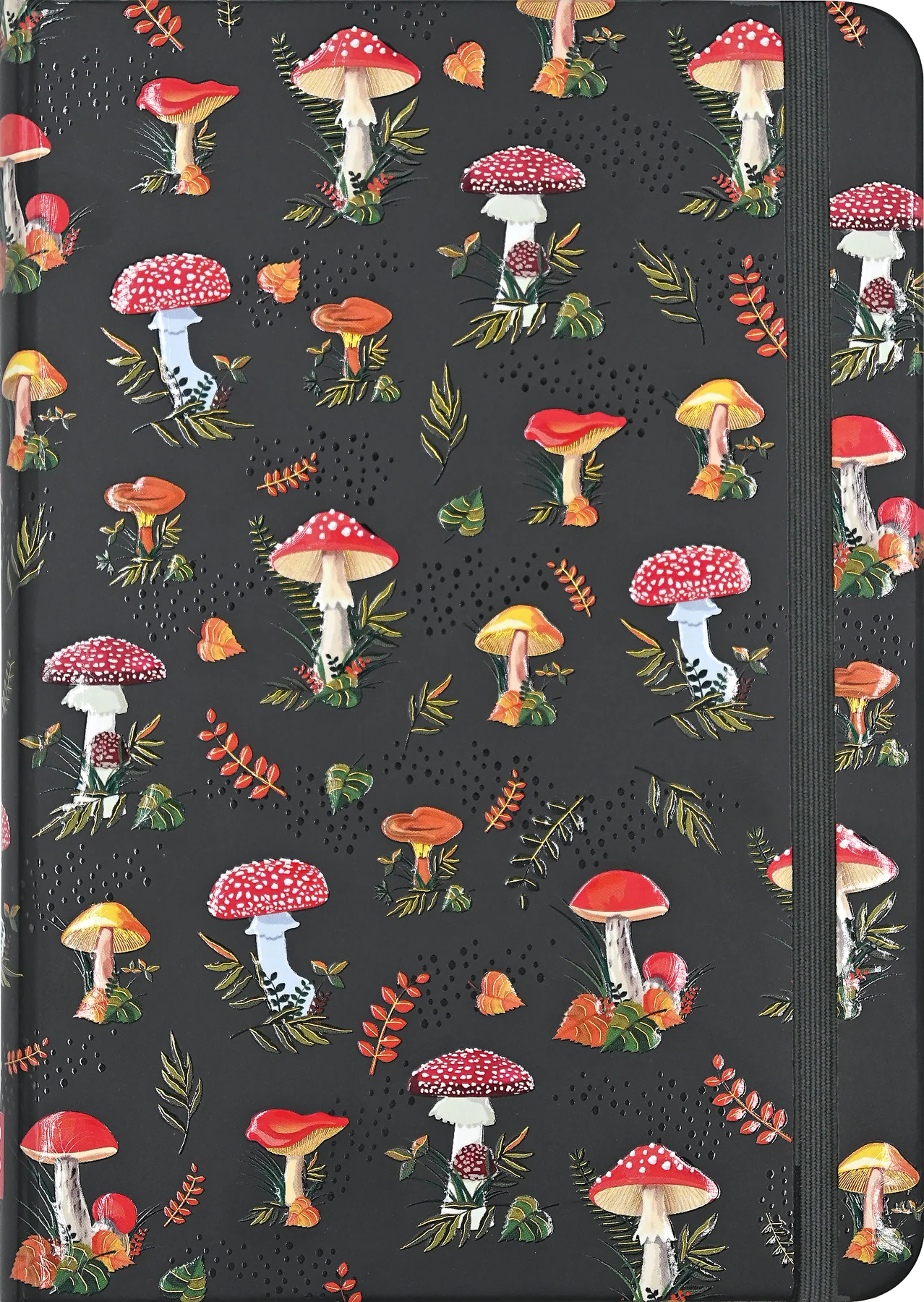 Peter Pauper Press Small Journal Mushrooms Notebook with a pattern of colorful mushrooms on a dark background