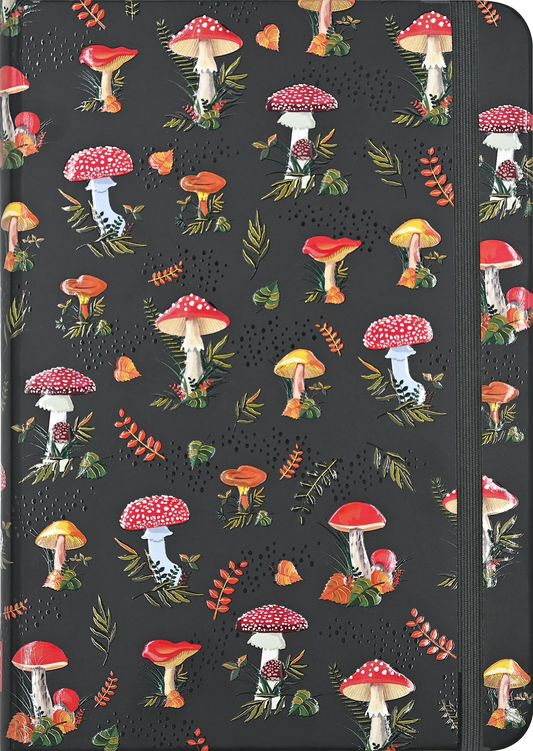Peter Pauper Press Small Journal Mushrooms Notebook with a pattern of colorful mushrooms on a dark background